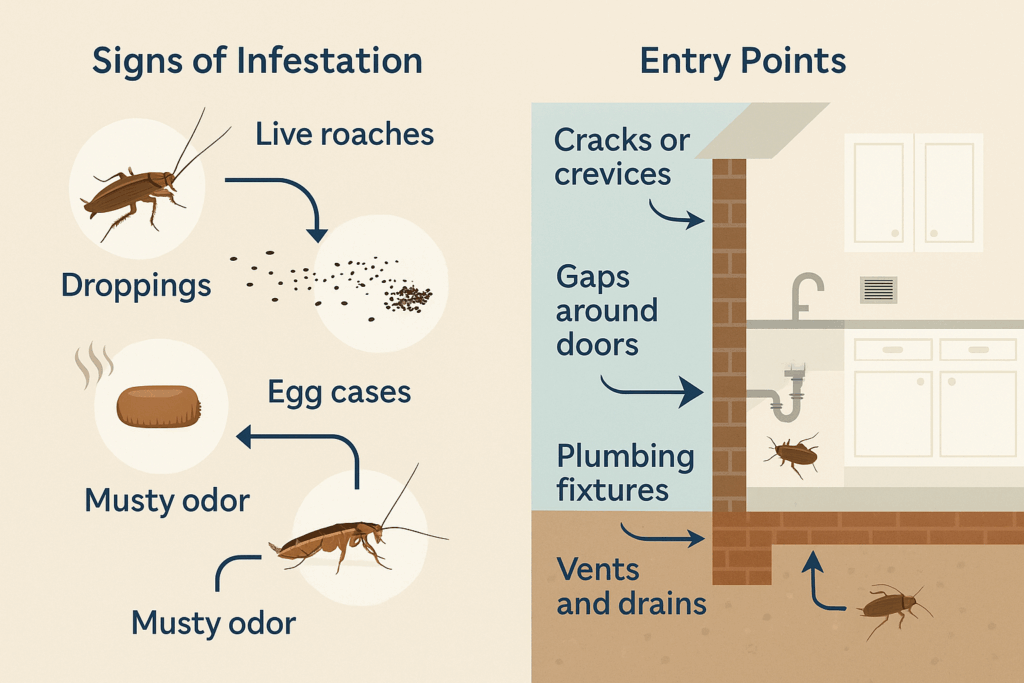 Illustrated diagram showing German cockroach infestation signs and indoor entry points such as plumbing fixtures, vents, and wall crevices in a commercial kitchen in Dallas, TX