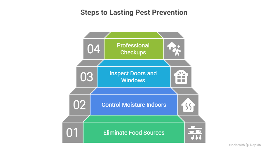 This is an infographic titled "Steps to Lasting Pest Prevention" that uses a staircase visual to illustrate a four-step process. The image is set against a black background. The steps are numbered from 01 to 04, ascending from the bottom to the top of the staircase. Each step has a unique color, a text label, and a corresponding icon. The steps are: Step 01: The bottom step is green and is labeled "Eliminate Food Sources," with an icon depicting a plate of food and a drink. Step 02: The next step up is blue and says "Control Moisture Indoors," illustrated by an icon of a house with steam or vapor inside. Step 03: This step is a lighter blue and is labeled "Inspect Doors and Windows," represented by an icon of a window. Step 04: The top step is lime green and is for "Professional Checkups," featuring an icon of a person standing next to a house. The 3D design of the steps emphasizes a clear progression. 