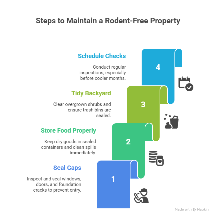 The image is a visually organized infographic titled "Steps to Maintain a Rodent-Free Property". It presents four key preventative actions using a vertically layered design, with each step numbered and color-coded for clarity.