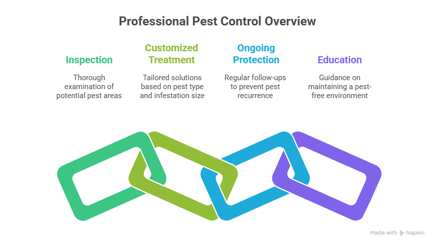 This image is an infographic on a black background that illustrates professional pest control methods. It is divided into two parts: a text-based description at the top and a symbolic graphic at the bottom.
The top section has a title, which appears to read "PEST CONTROL METHODS PROFESSIONALS USE," and outlines a four-stage process in separate columns:
Inspection: Highlighted in green, with the text "Inspect for pests & potential risks."
Exclusion & Treatment: Highlighted in lime green, with the text "Treat the issue & seal entry points."
Ongoing Prevention: Highlighted in blue, with the text "Install measures to keep pests out."
Monitoring: Highlighted in purple, with the text "Monitor for new pest activity."
The bottom section of the infographic features a graphic of a chain with four large, interlocking links. The color of each link corresponds to the color of the stages described above, starting with green on the left, followed by lime green, blue, and purple. This visual metaphor suggests that these methods form a strong, interconnected, and continuous process.