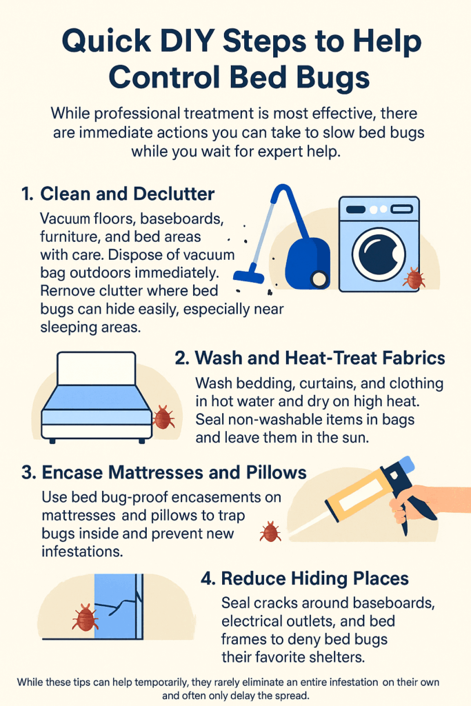 can you create a infographic that shows these steps:

Quick DIY Steps to Help Control Bed Bugs

While professional treatment is the most effective method, there are immediate actions you can take to slow down bed bugs while you wait for expert help:

1. Clean and Declutter

- Vacuum floors, baseboards, furniture, and especially around bed areas with care. Dispose of the vacuum bag outdoors immediately.
- Remove clutter where bed bugs can hide easily, especially near sleeping areas.

2. Wash and Heat-Treat Fabrics

- Wash bedding, curtains, and clothing in hot water, and dry them on the highest heat setting to kill bugs and eggs.
- Place non-washable items like stuffed animals or shoes in sealed bags and leave them in the sun or use a professional heat chamber.

3. Encase Mattresses and Pillows

- Use bed bug-proof encasements on mattresses and pillows to trap bugs inside and prevent new infestations.

4. Reduce Hiding Places

- Seal cracks around baseboards, electrical outlets, and bed frames to deny bed bugs their favorite shelters.

While these tips can help temporarily, here’s the thing—they rarely eliminate an entire infestation on their own and often only delay the spread.