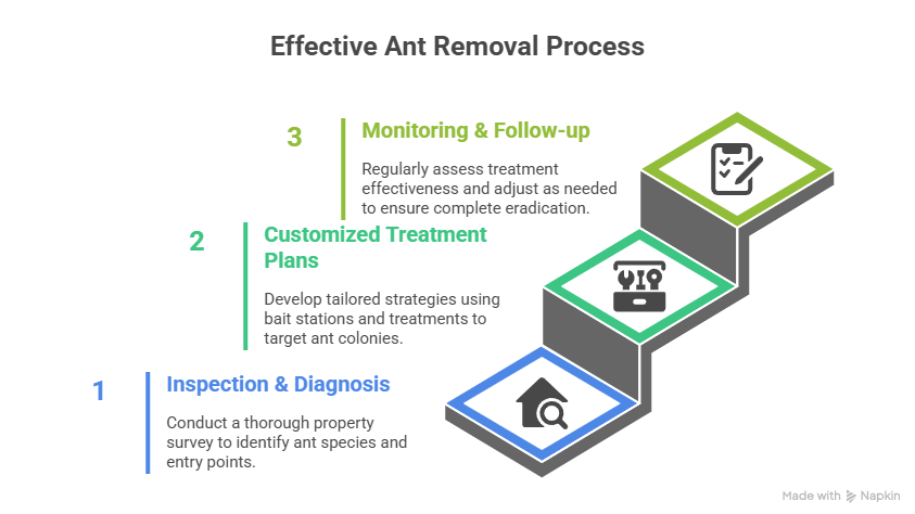 An infographic on a dark background titled "Effective Ant Removal Process," showing three ascending steps.

Step 1 (Blue): Inspection & Diagnosis - "Conduct a thorough property survey to identify ant species and entry points," with an icon of a house and a magnifying glass.

Step 2 (Green): Customized Treatment Plans - "Develop tailored strategies using bait stations and treatments to target ant colonies," with an icon of a wrench and gear.

Step 3 (Bright Green): Monitoring & Follow-up - "Regularly assess treatment effectiveness and adjust as needed to ensure complete eradication," with an icon of a clipboard and checklist.