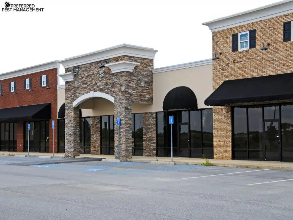 Exterior view of Richardson TX commercial retail buildings serviced for pest control