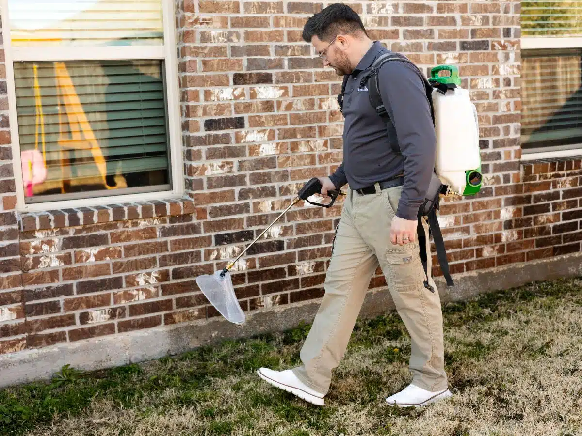 echnician performing exterior ant treatment on a Wylie, TX home using a professional sprayer to prevent ant infestations.