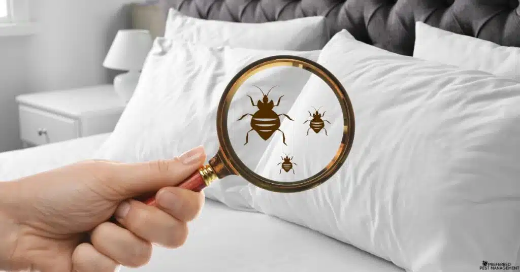 Hand holding magnifying glass over a bed inspecting for bed bugs in a Richardson TX home