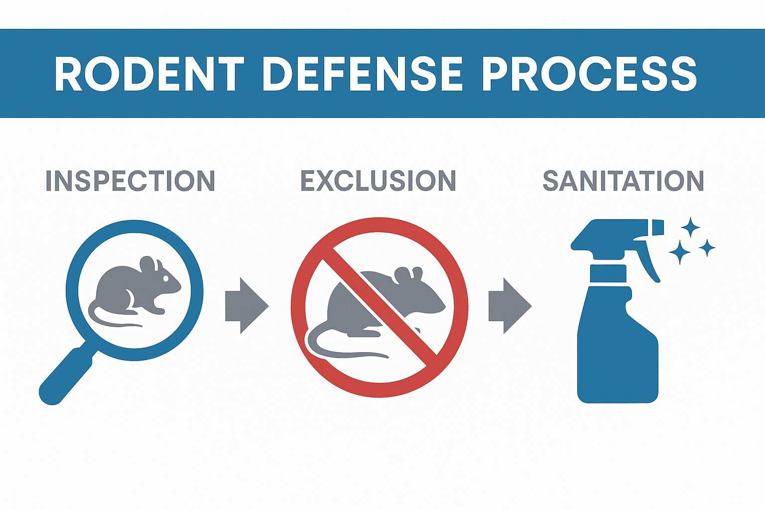 Rodent Defense Process infographic showing inspection, exclusion, and sanitation steps in Preferred Pest Management’s rodent control system.