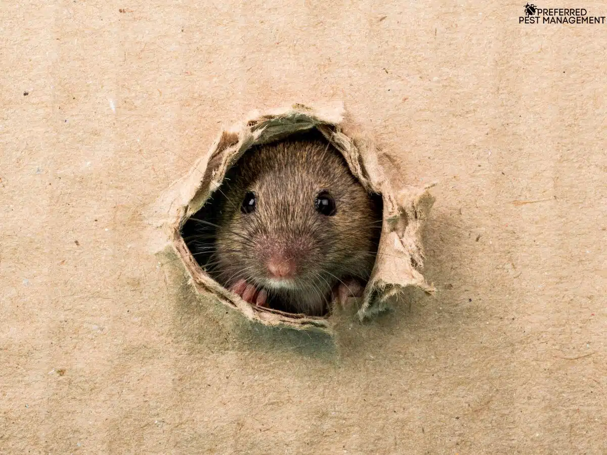 Roof rat peeking through cardboard hole, Dallas TX pest control service by Preferred Pest Management