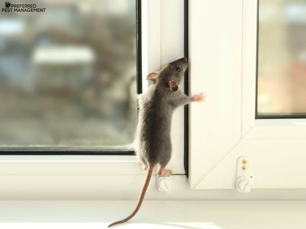 Rat climbing window frame inside Little Elm, TX home during inspection