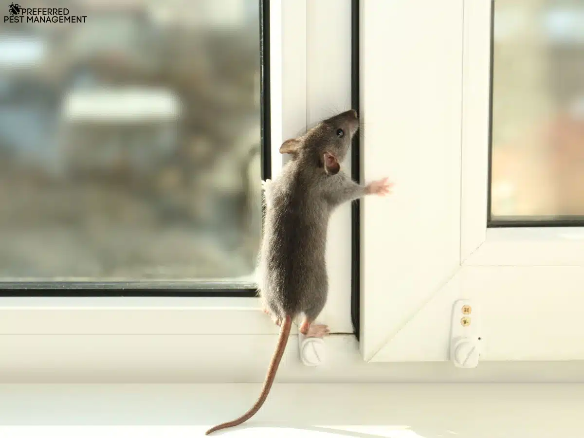 Rat climbing window frame inside Little Elm, TX home during inspection
