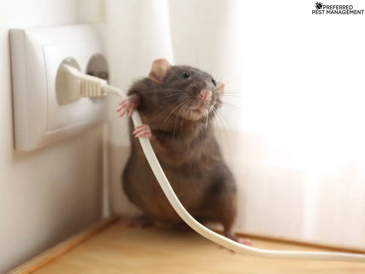 Rat chewing on electrical cord in a Wylie, TX home, symbolizing need for professional rat removal.