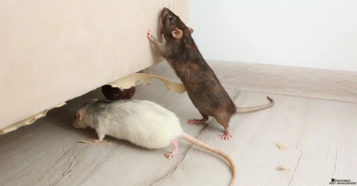 Two rats damaging furniture inside a McKinney TX home before professional rat removal by Preferred Pest Management