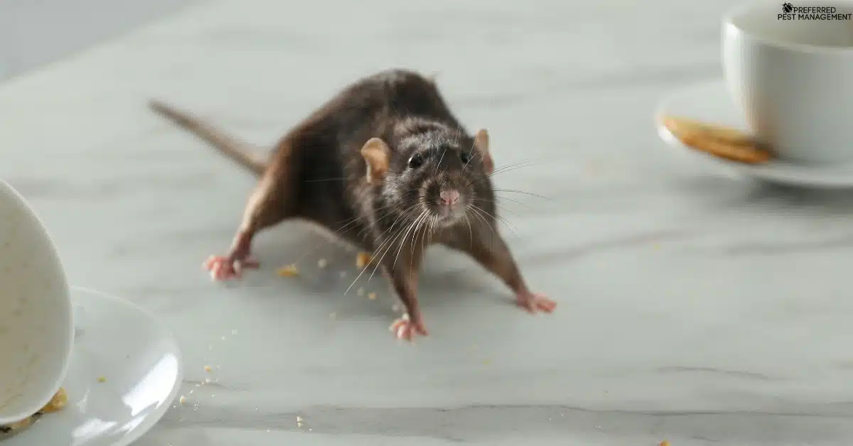 Rat on a kitchen counter in a Frisco home, indicating the need for professional rat removal.