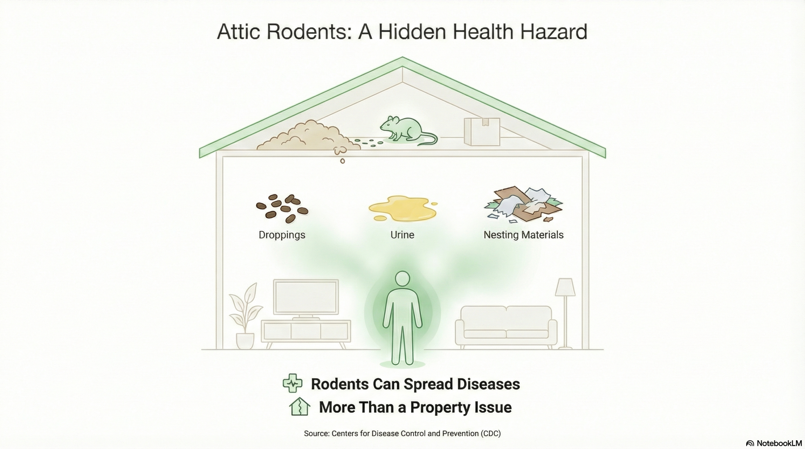 Illustration showing attic rodents creating health hazards inside a home, including rat droppings, urine, and nesting materials that can spread disease and contaminate indoor living spaces.