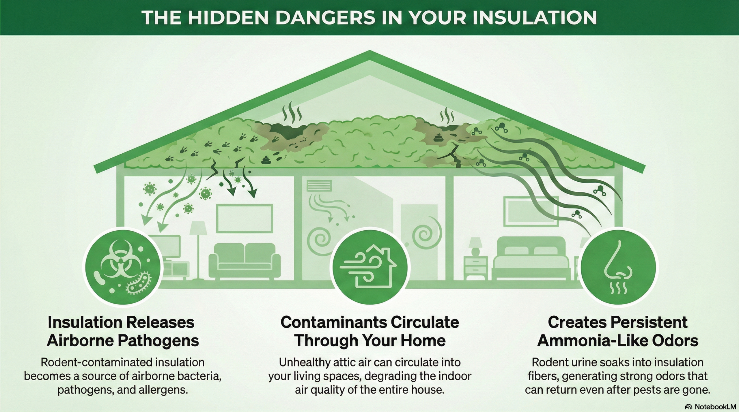Diagram showing rodent contaminated attic insulation releasing airborne pathogens, circulating unhealthy air through the home, and creating persistent ammonia like odors that affect indoor air quality.