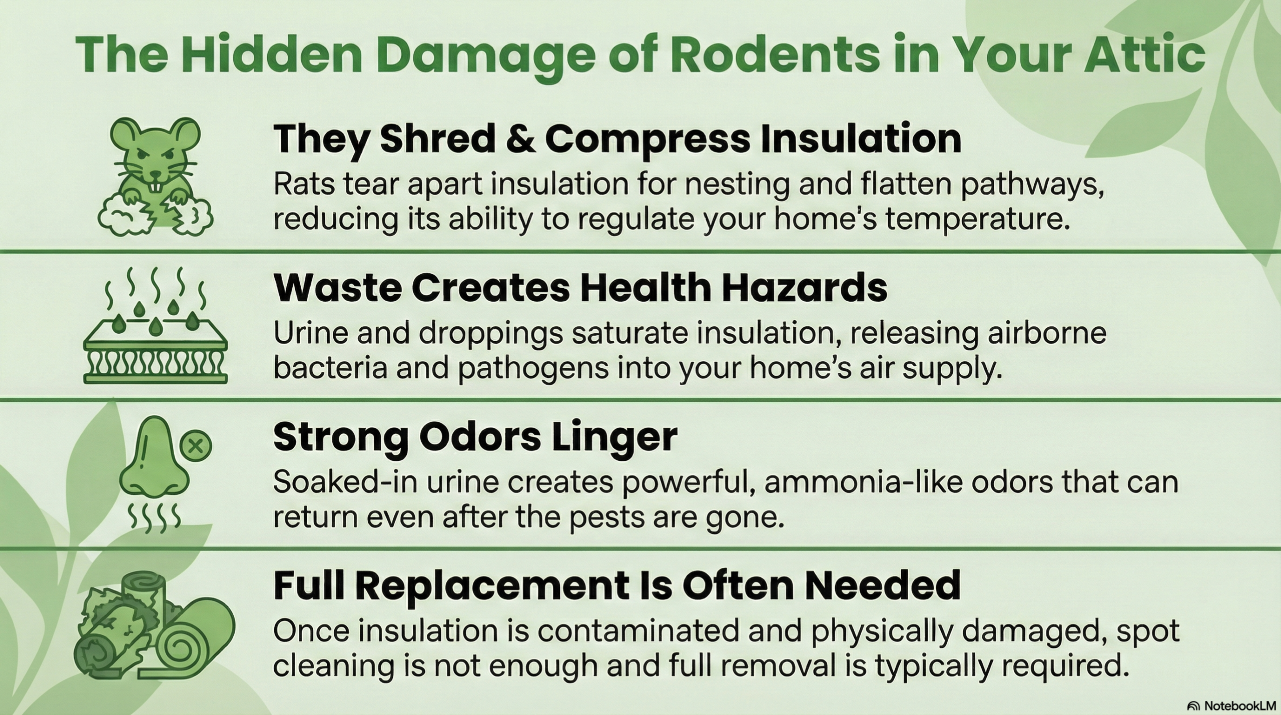 Infographic explaining the hidden damage rats cause in attics, including shredded and compressed insulation, health hazards from urine and droppings, lingering odors, and why full insulation replacement is often needed.