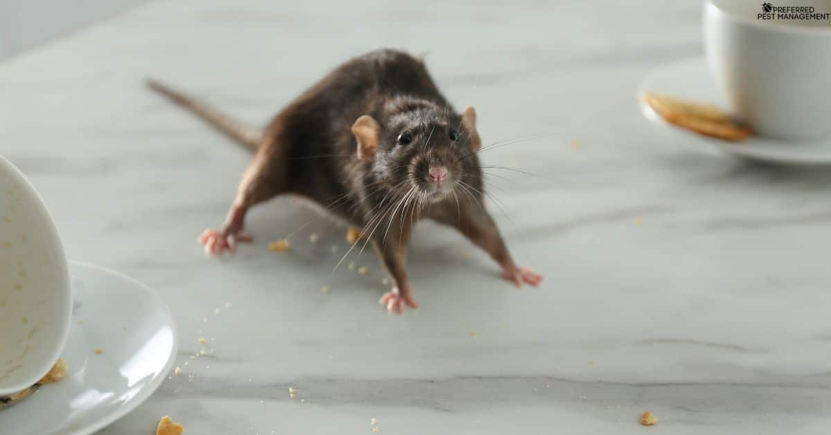 Rat on a kitchen counter with food crumbs in a home