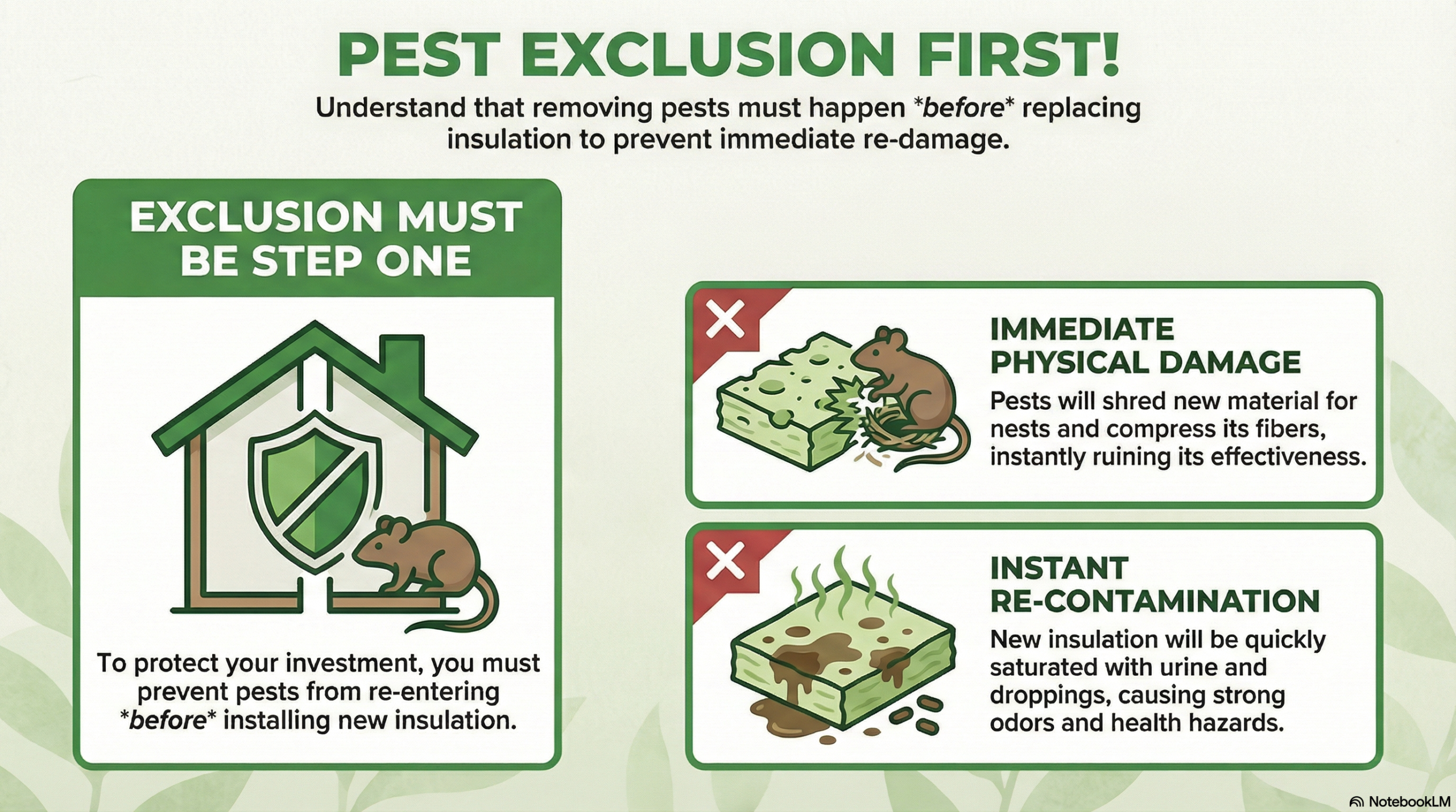 Infographic explaining why rodent exclusion must happen before attic insulation replacement, showing how pests quickly damage and re contaminate new insulation if entry points are not sealed first.