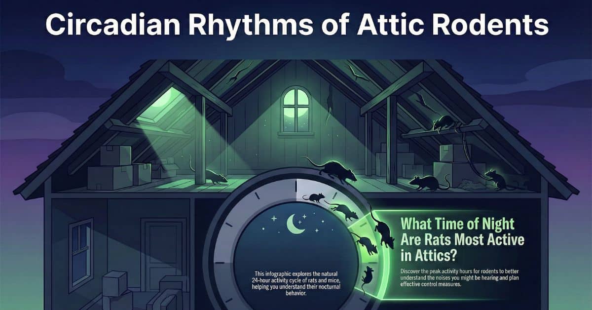 Illustration showing rats active in a home attic at night, highlighting the circadian rhythms of attic rodents and the peak nighttime hours when rats are most active.