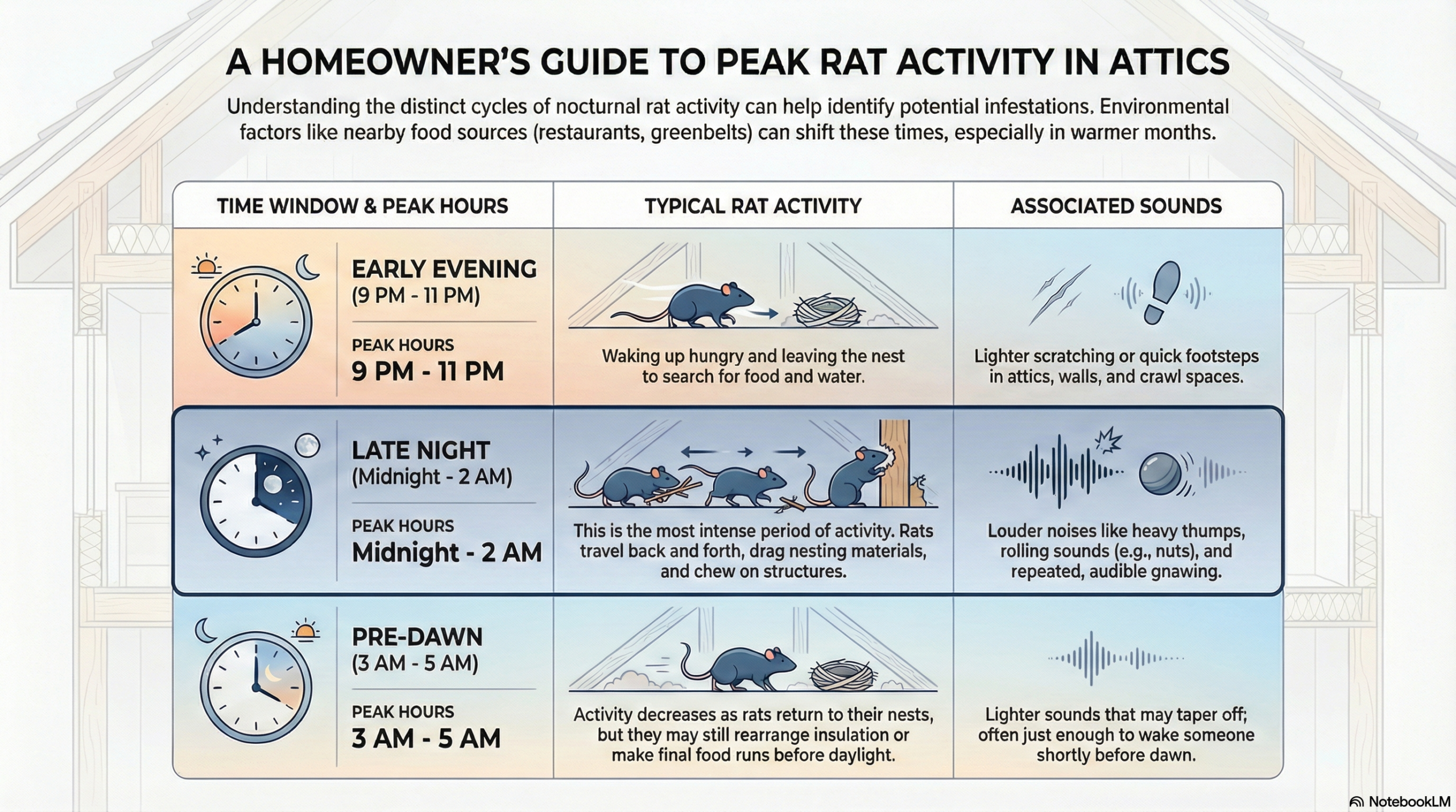 Infographic showing peak rat activity times in attics, including early evening from 9 PM to 11 PM, late night from midnight to 2 AM when rats are most active, and pre dawn hours from 3 AM to 5 AM, with common attic sounds like scratching, thumping, and gnawing explained.