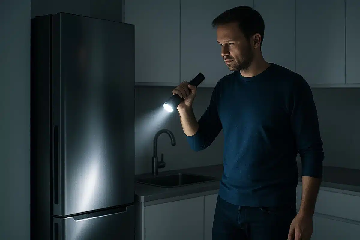 A homeowner standing in a kitchen at night with a flashlight, looking toward a refrigerator and sink area where roaches are likely hiding out of sight