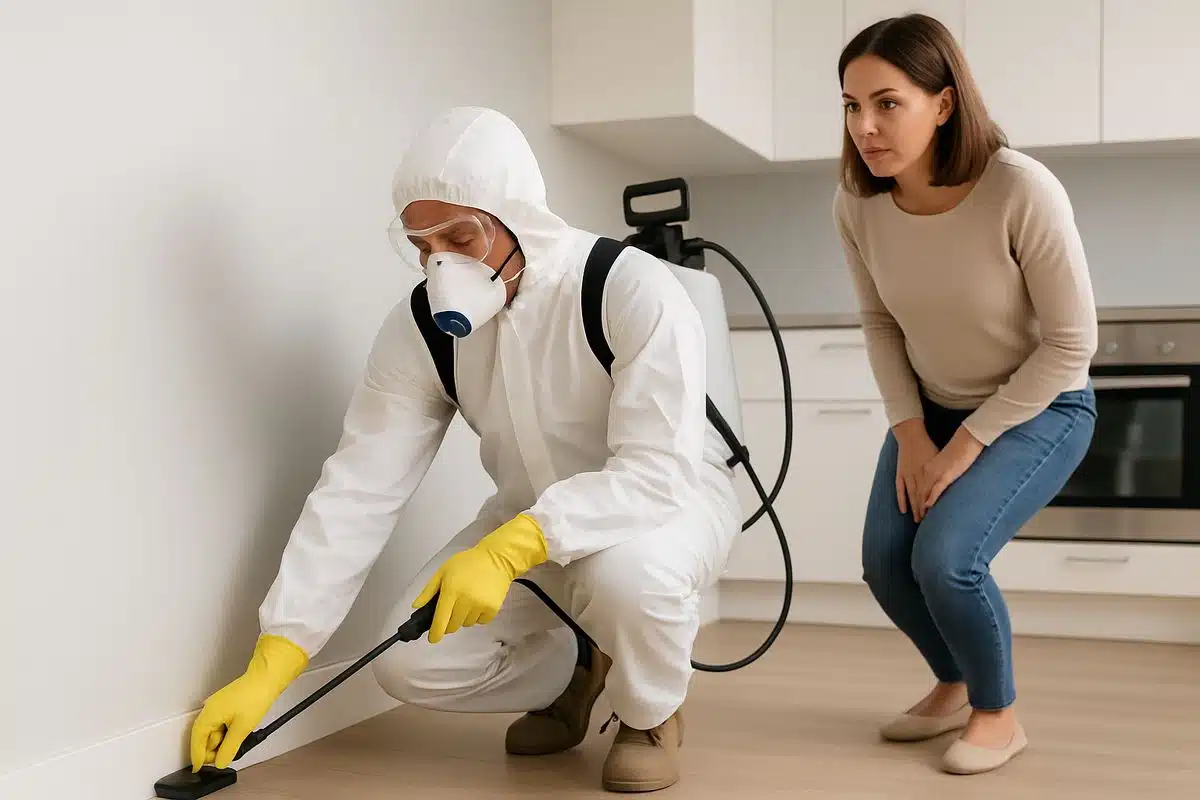 A pest control technician in protective gear inspecting the kitchen baseboards of a home while a homeowner stands nearby, watching as the technician checks for signs of roaches and sets a small bait station near the cabinet