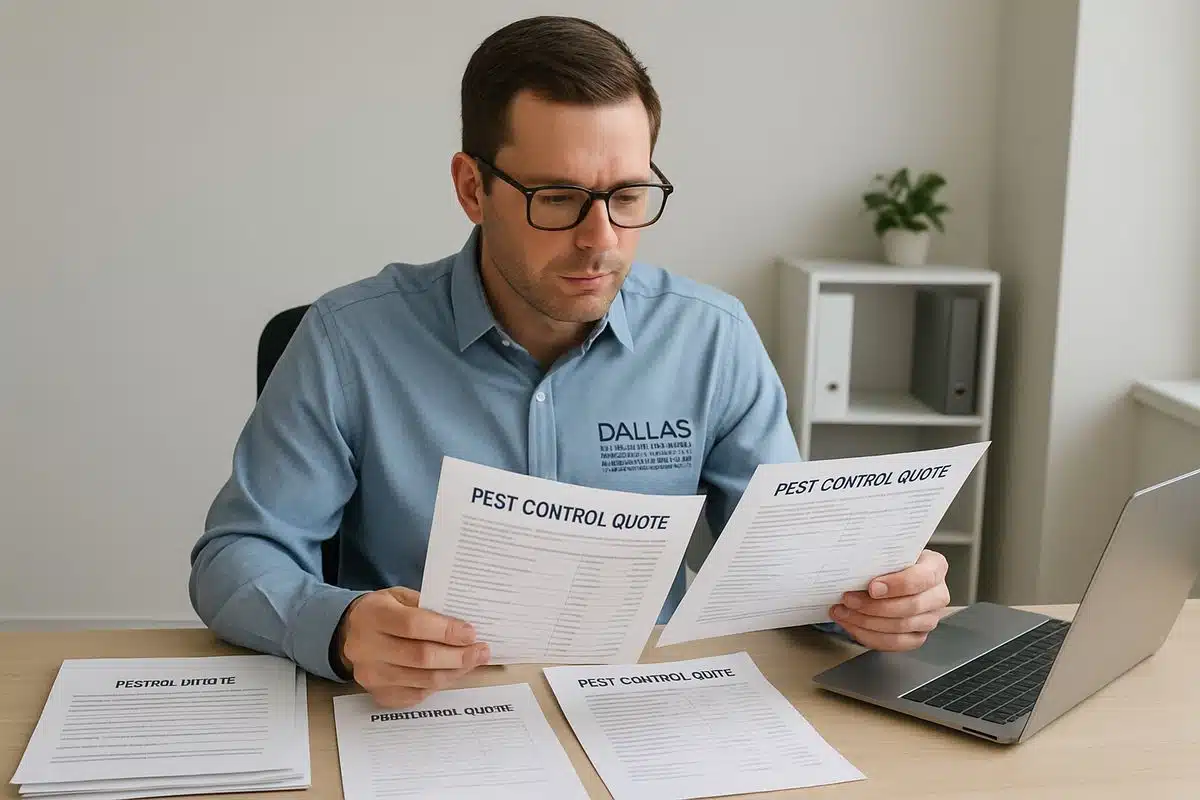 A Dallas property manager at a desk comparing three pest control quotes, with a stack of service reports, inspection notes, and a laptop open beside them in a small office