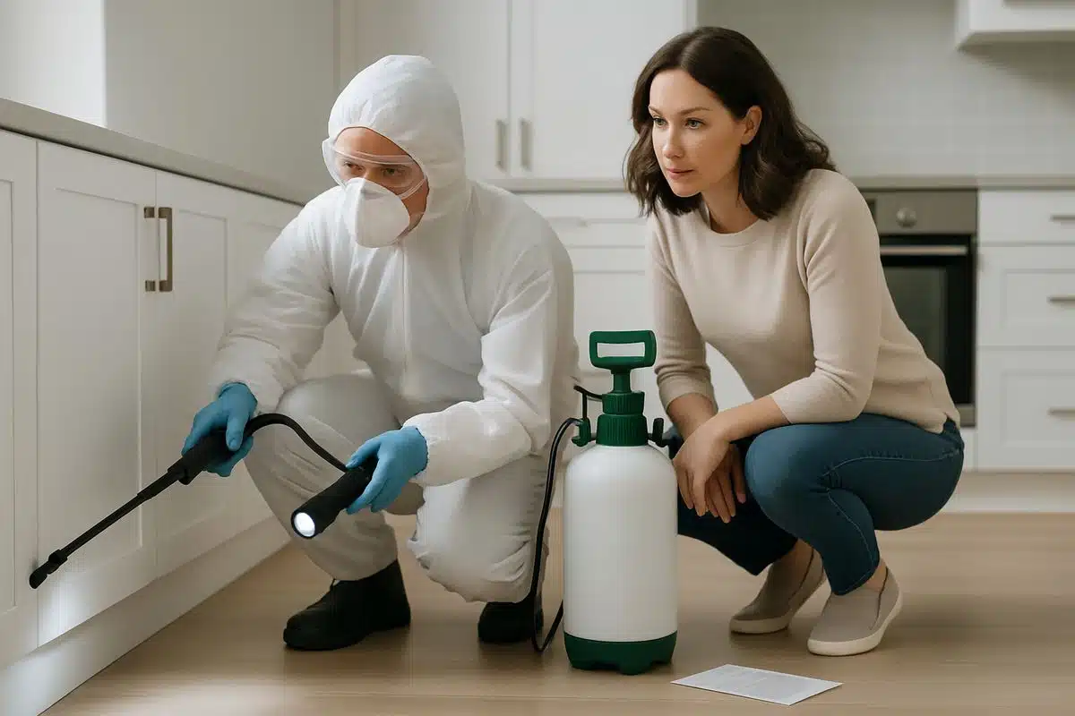 A pest control technician in protective gear inspecting the baseboards and kitchen cabinets of a suburban home while a homeowner watches nearby, with a spray tank, flashlight, and trap materials on the floor.