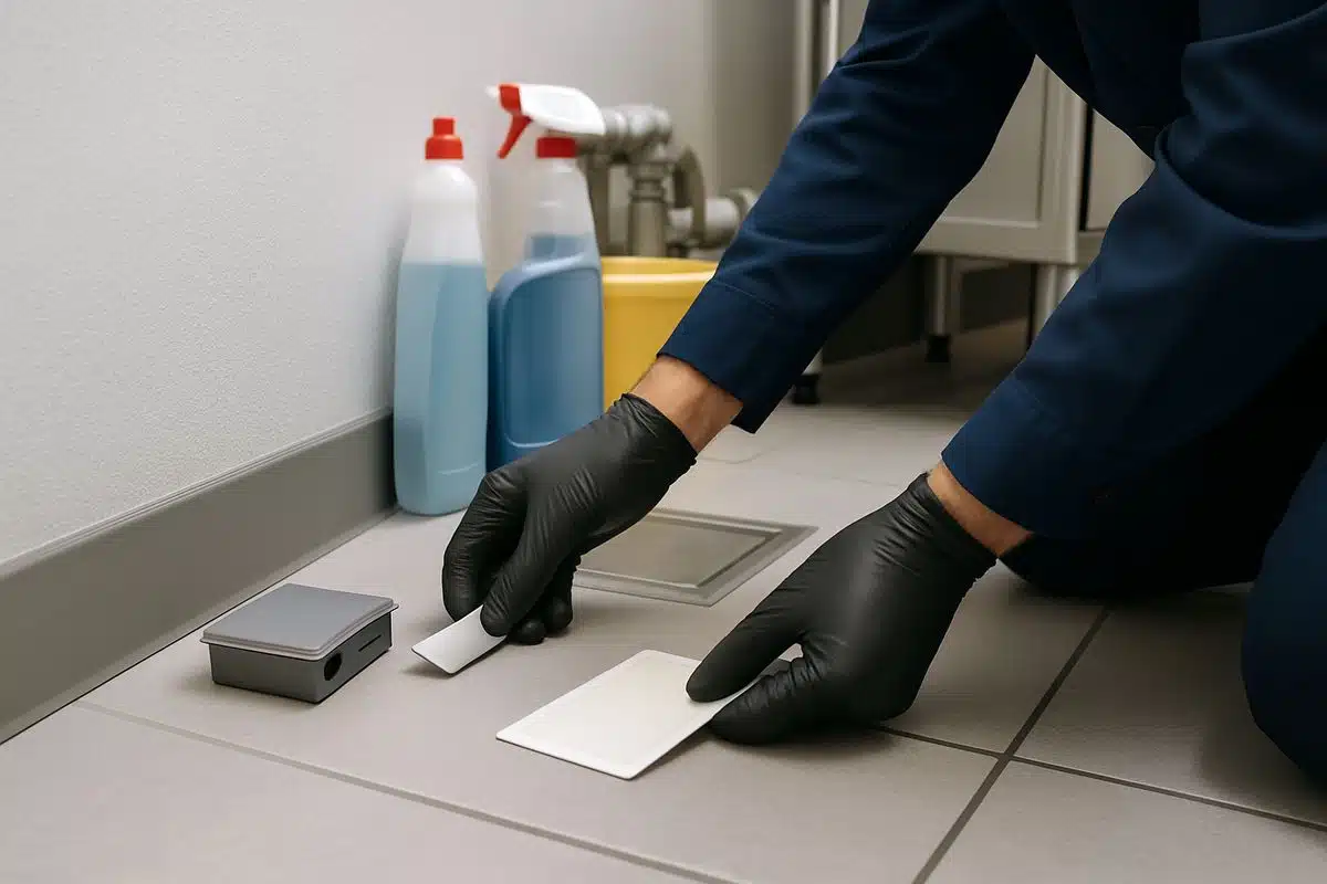 A close view of a technician placing small bait stations and glue monitors along the baseboards and under equipment in a commercial kitchen, with cleaning supplies, a grease trap access panel, and exposed piping nearby