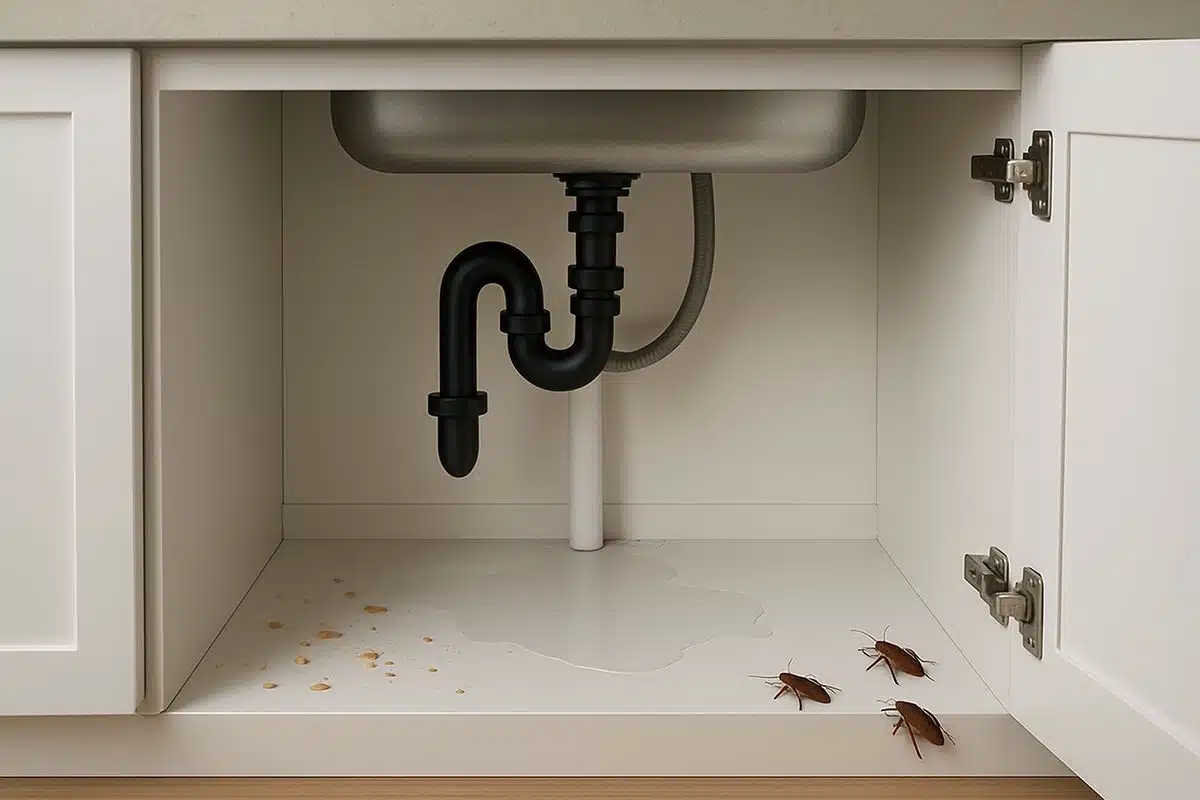 A close-up view of a kitchen cabinet under a sink with a visible water leak, scattered crumbs, and a few roaches near the baseboard and plumbing gap
