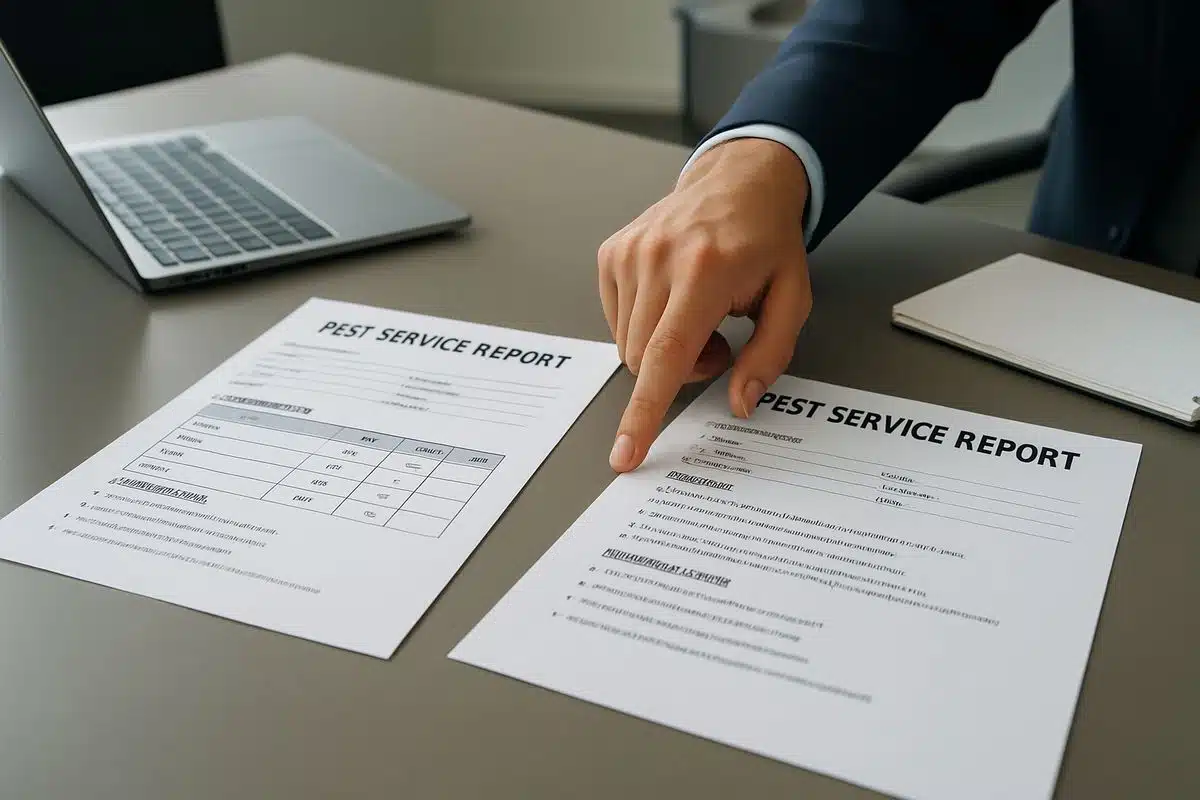 Two printed pest service reports laid side by side on a conference table, with a hand pointing to different sections while a laptop and notepad sit nearby in a modern office