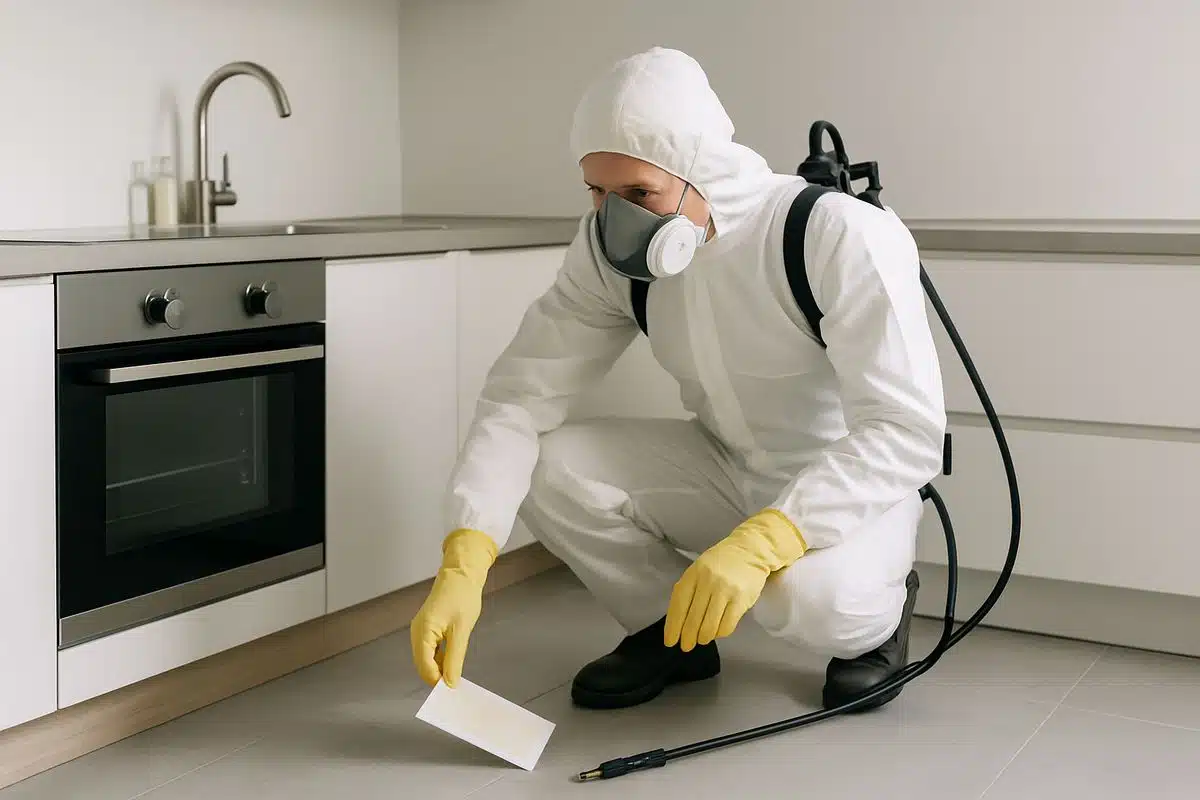 A pest control technician in protective gear returning to an apartment kitchen for a follow-up visit, checking sticky traps near appliances and the sink