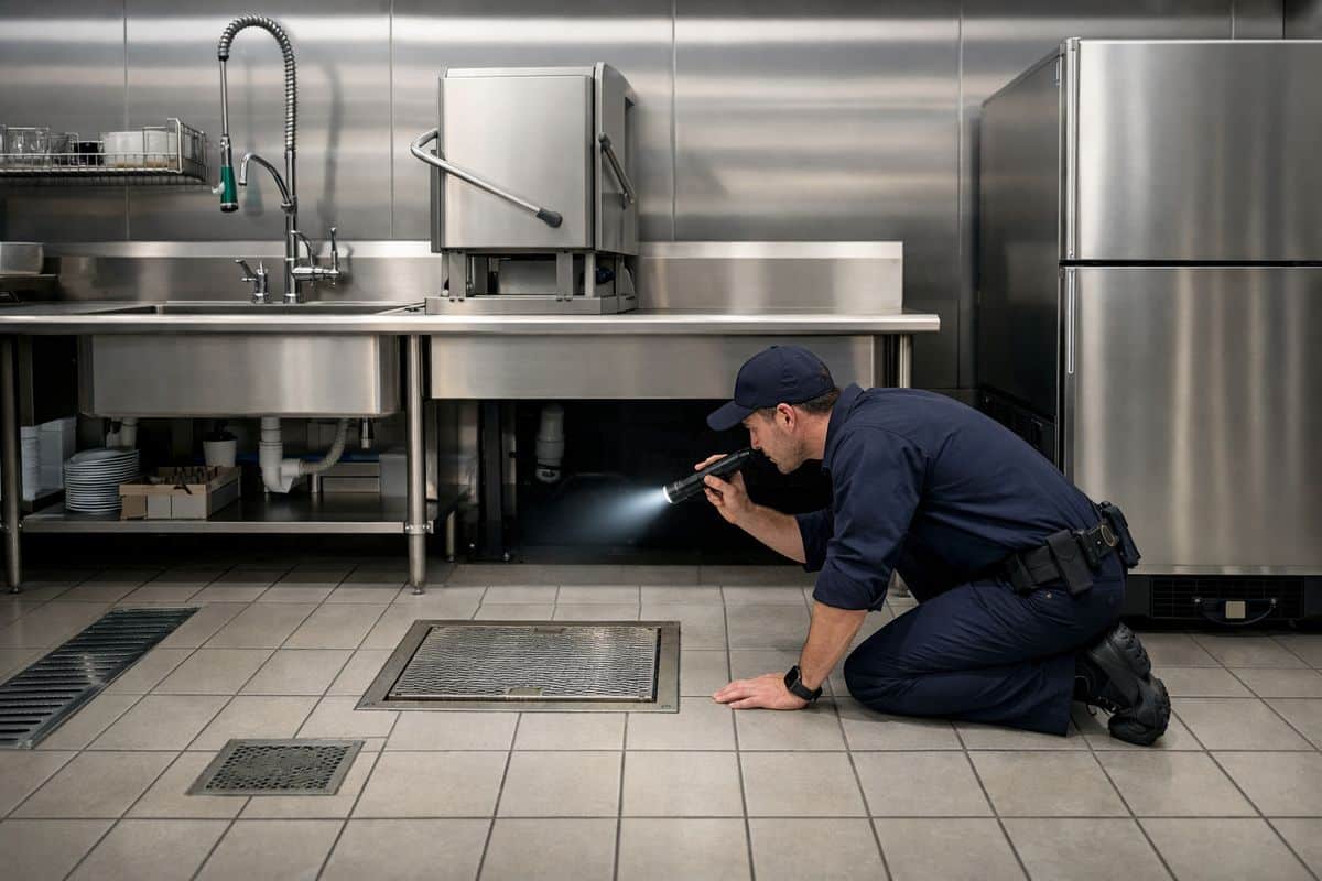 A stainless-steel commercial kitchen at night with a dishwashing station, floor drains, a grease trap access area, a refrigeration unit pulled slightly away from the wall, and a technician inspecting dark gaps under the sink and behind equipment with a flashlight