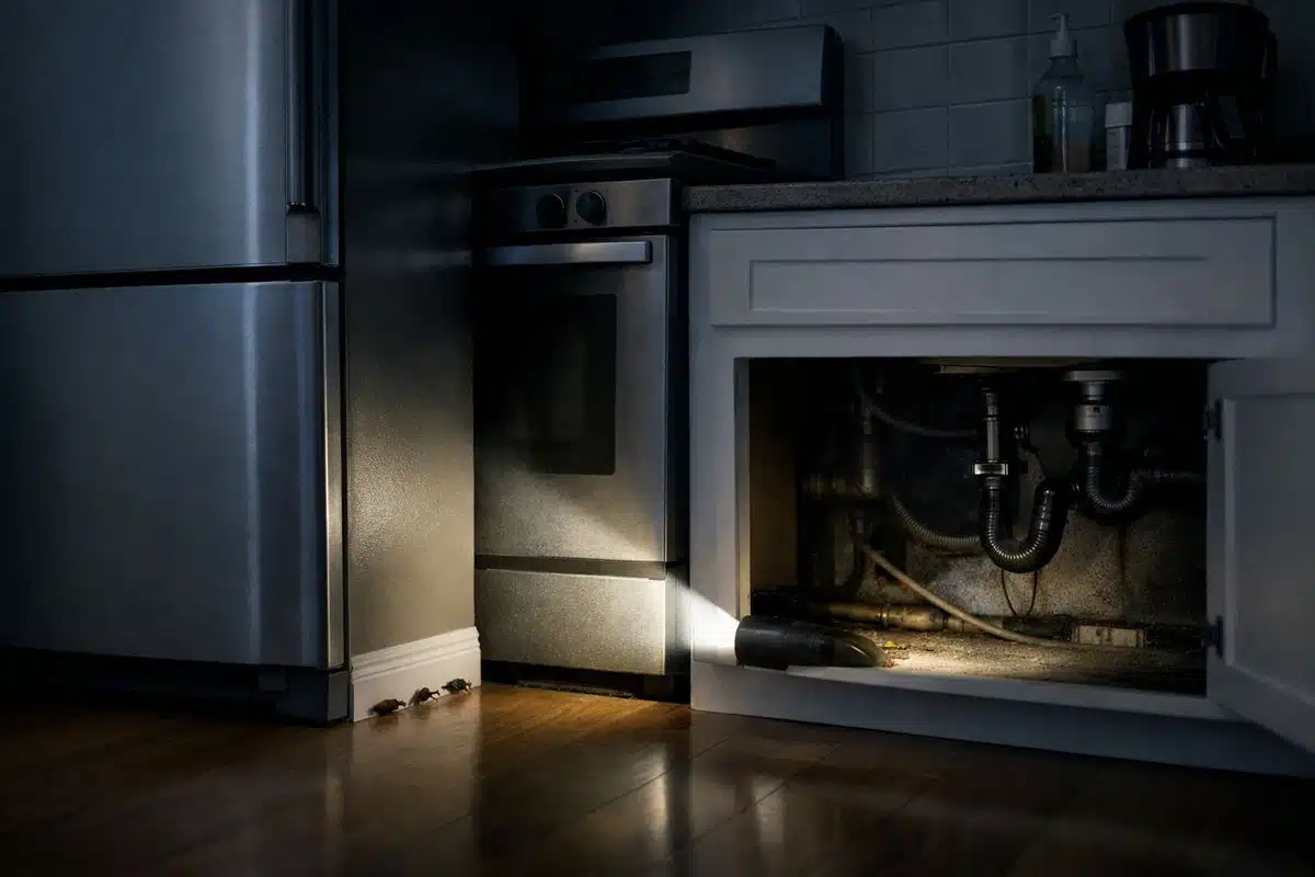 A dim kitchen at night with a refrigerator pulled slightly away from the wall, a few small cockroaches visible near the baseboard and cabinet gaps, and a flashlight beam revealing tight spaces behind the stove and under the sink