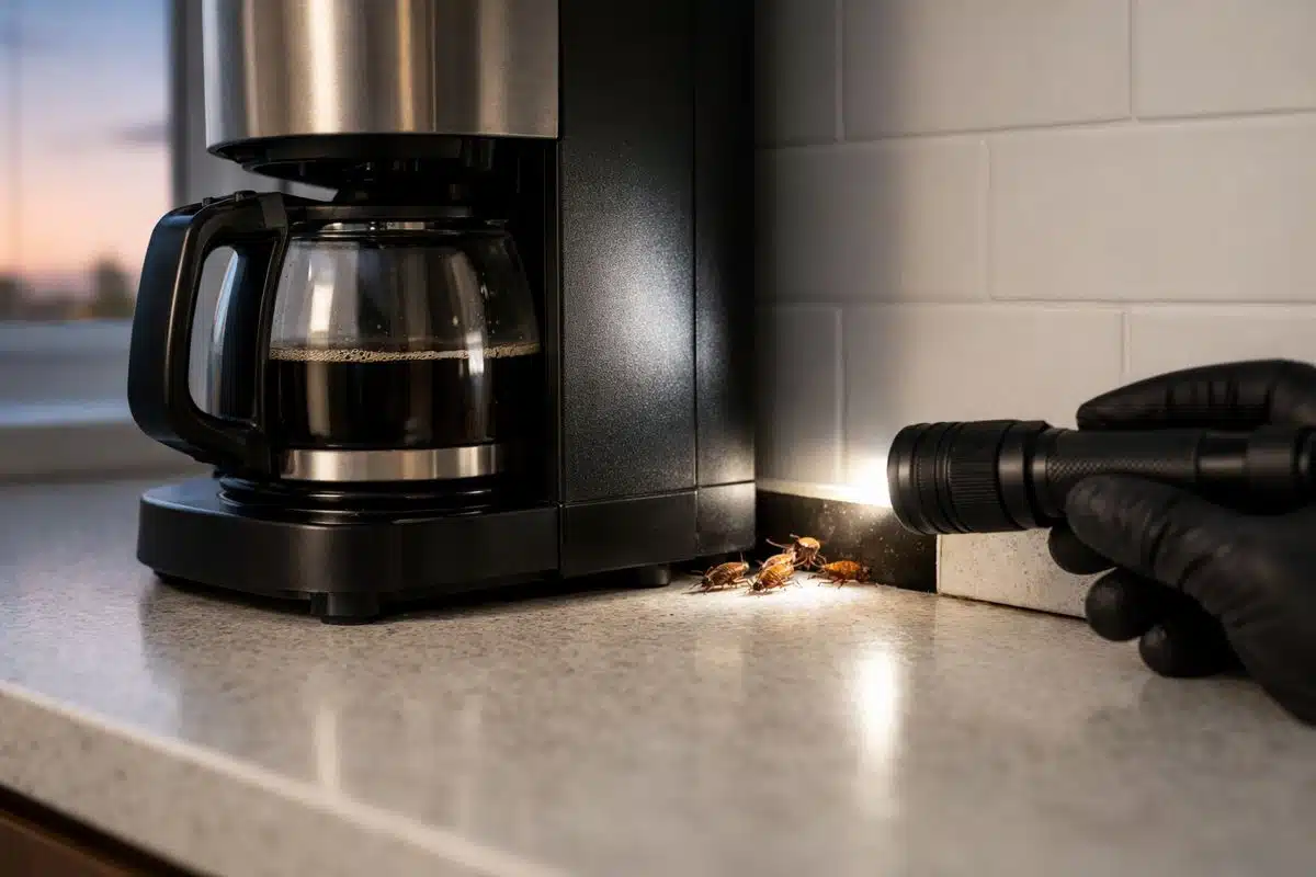 A kitchen countertop at dawn with a coffee maker pulled slightly away from the wall, a few small German cockroaches darting back behind the machine toward the cabinet gap, and a technician-style inspection flashlight aimed at the hidden space behind the appliance