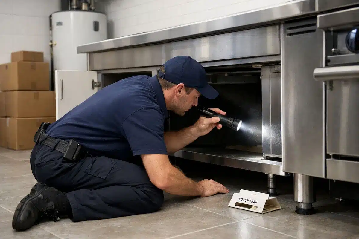 A technician using a flashlight to inspect behind a commercial oven and under a stainless-steel prep line in a kitchen, with open cabinet doors, a water heater in the background, cardboard boxes stacked near a storage corner, and a roach glue trap placed on the floor beside appliance legs