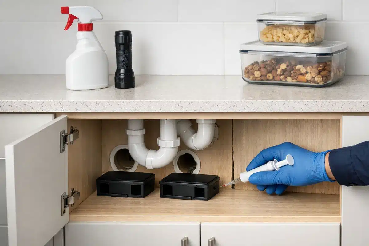 A kitchen cabinet under a sink pulled open to reveal bait stations placed near pipe openings, a technician’s gloved hand applying product into a narrow crack behind the cabinet wall, with a spray bottle, flashlight, and a few sealed food containers on the counter nearby