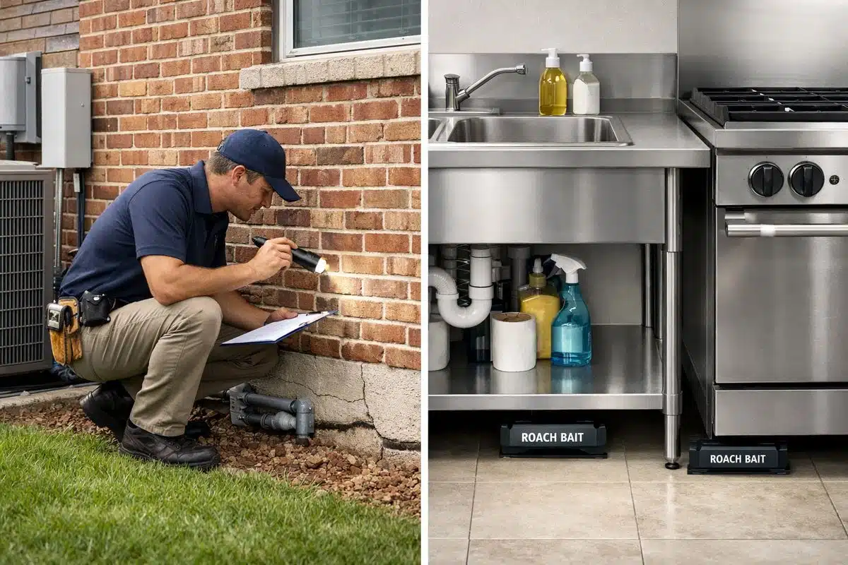 A split-view scene of a suburban brick house in Dallas-Fort Worth with one side showing a technician inspecting cracks near the foundation and utility lines, and the other side showing a small commercial kitchen with roach traps placed behind appliances and under the sink