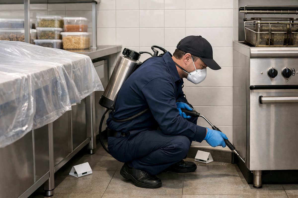 A restaurant kitchen service area prepared for pest treatment, with covered prep surfaces, sealed containers of food moved aside, a technician applying targeted treatment into cracks near baseboards and behind a fryer, and small insect monitors placed along walls and beside equipment