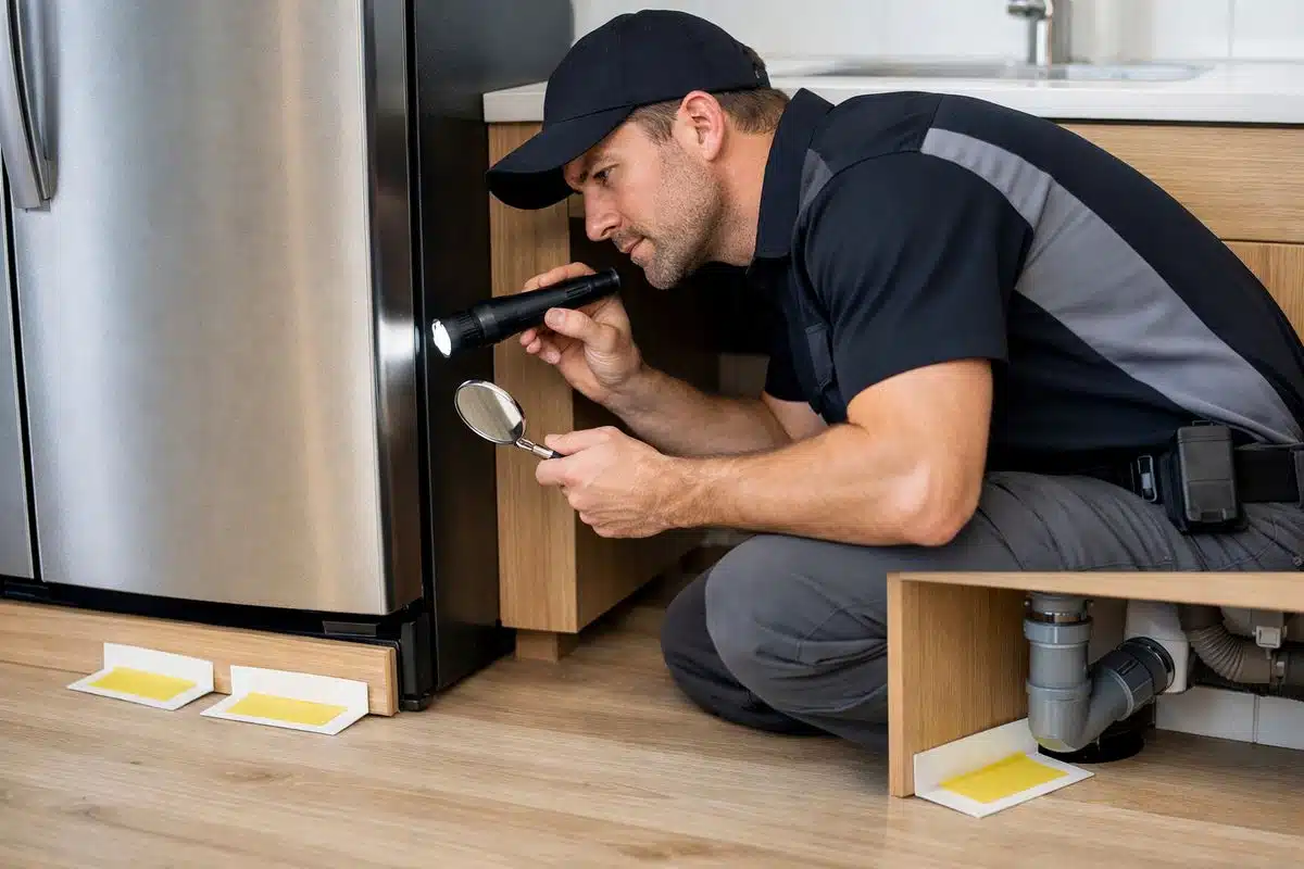A pest control inspector crouched beside a kitchen cabinet with a flashlight and small inspection mirror, examining the gap behind a refrigerator while sticky traps are placed along cabinet edges and near a sink pipe opening