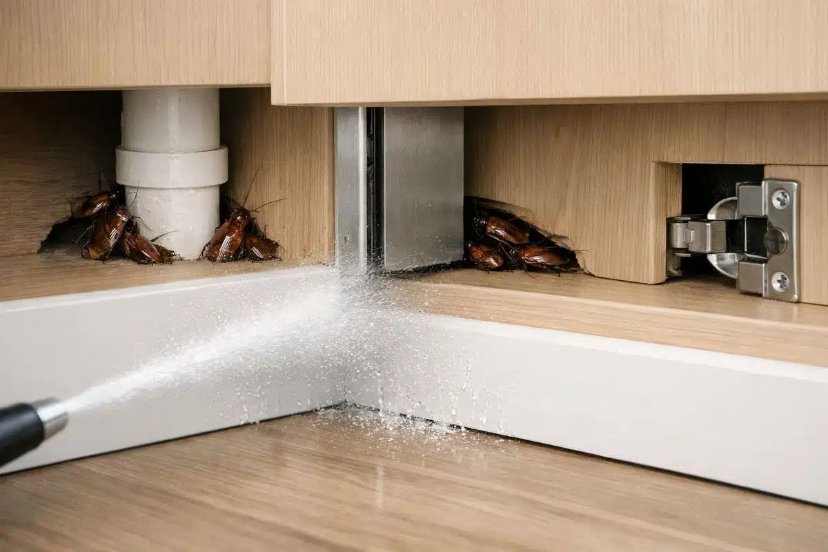 The underside of a kitchen sink cabinet with a spray mist hitting the baseboard and cabinet edge while several cockroaches remain tucked into dark cracks around a pipe opening, appliance seam, and hinge pocket deeper inside the cabinet
