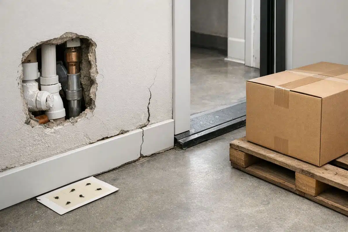 A close view of a building utility area showing unsealed pipe openings, a loose door threshold, a cracked wall gap, exposed plumbing chases, and a cardboard delivery box sitting beside a pallet near the entrance, with a sticky monitor trap near the baseboard