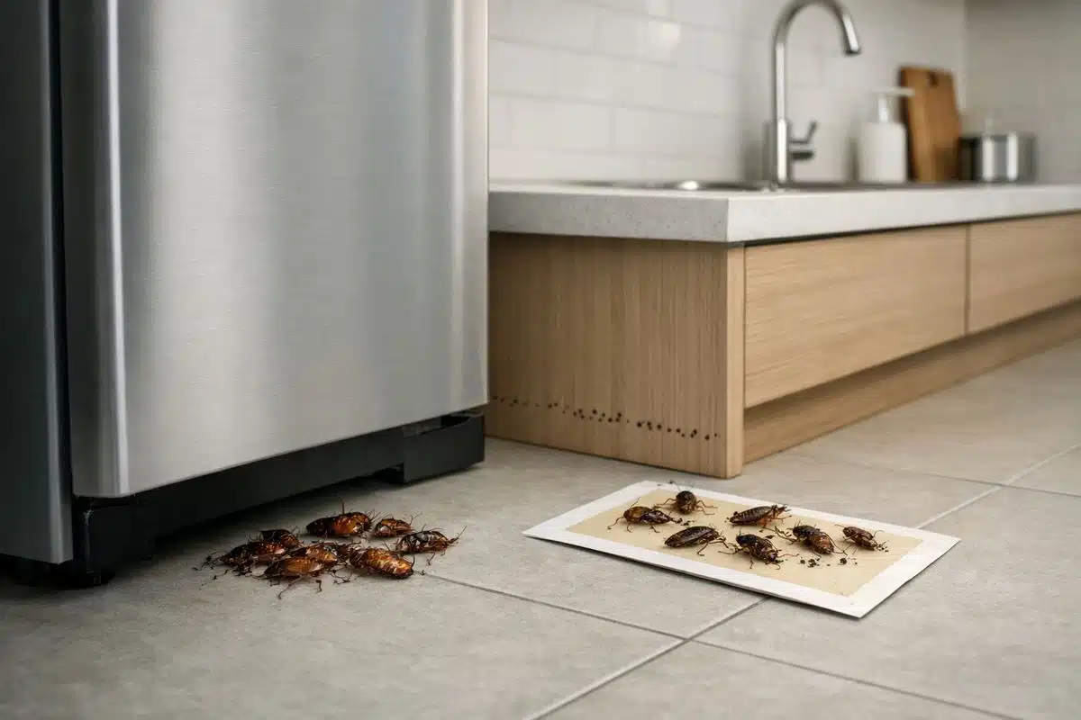 A dim kitchen corner with several dead roaches collected near the base of a refrigerator, a sticky trap on the floor beside the appliance, and a sink area in the background showing a slight trail of roach droppings near the cabinet edge