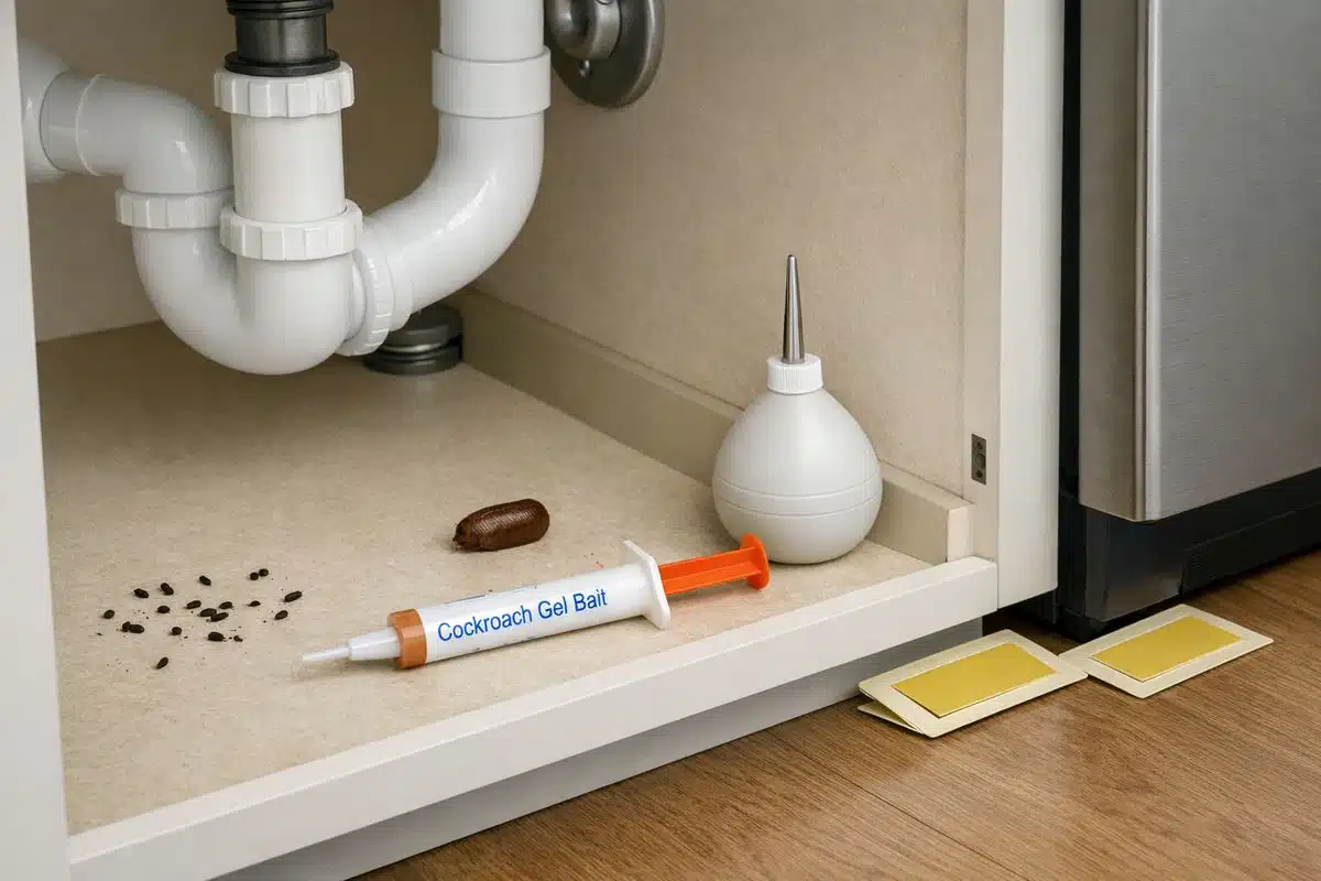 A close interior scene of a kitchen cabinet pulled open with small roach droppings, an egg case near the sink plumbing, a gel bait applicator, a dusting tool, and glue traps placed along the baseboard near a refrigerator