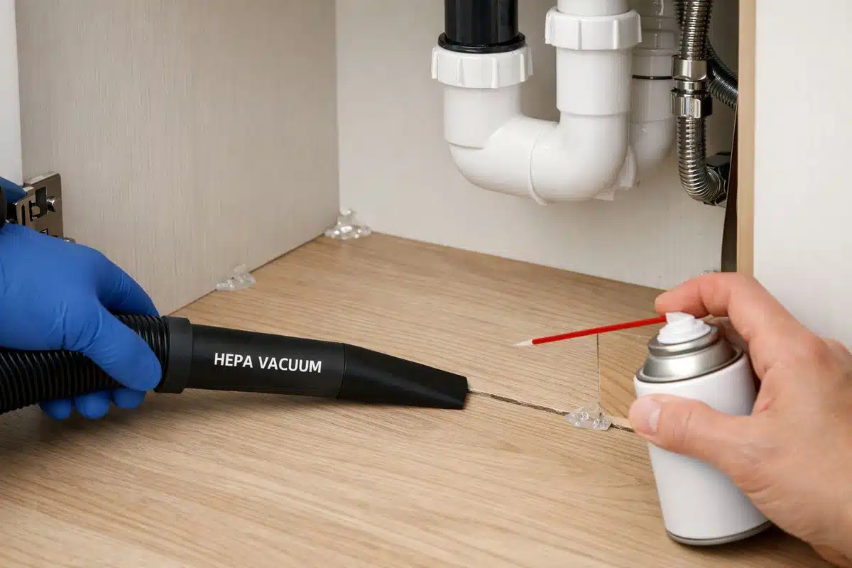 Close-up of a kitchen cabinet interior with several tiny gel bait placements in the corners and along cracks, a technician using a HEPA vacuum attachment near the floor, and a small aerosol applicator aimed into a narrow crevice beside plumbing