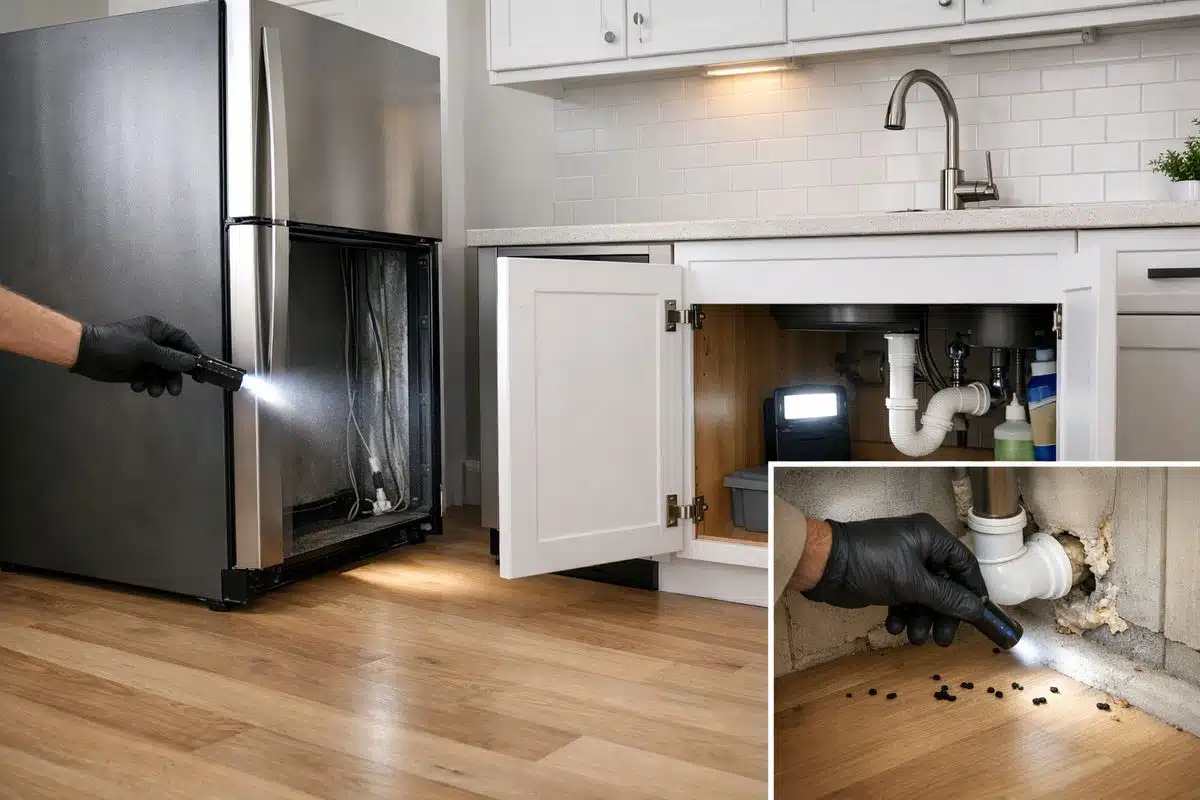 A detailed kitchen inspection scene with a refrigerator pulled out from the wall, a flashlight checking behind it, another light shining into an open cabinet void under the sink, and close inspection of pipe penetrations and droppings along the cabinet corner