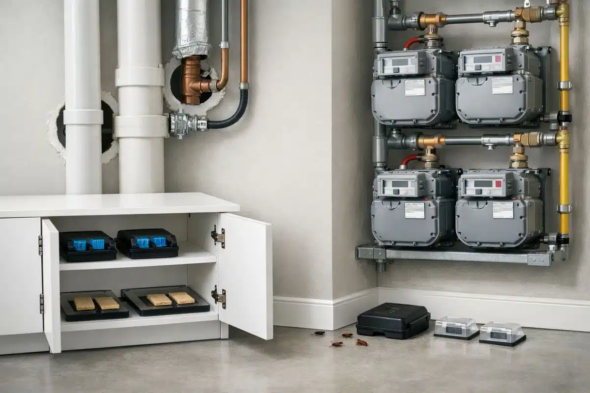 The shared utility area of a multi-unit building with exposed plumbing lines, wall penetrations around pipes, stacked utility meters, and an open cabinet showing bait placements and monitor traps near the baseboards, suggesting roach movement between connected units