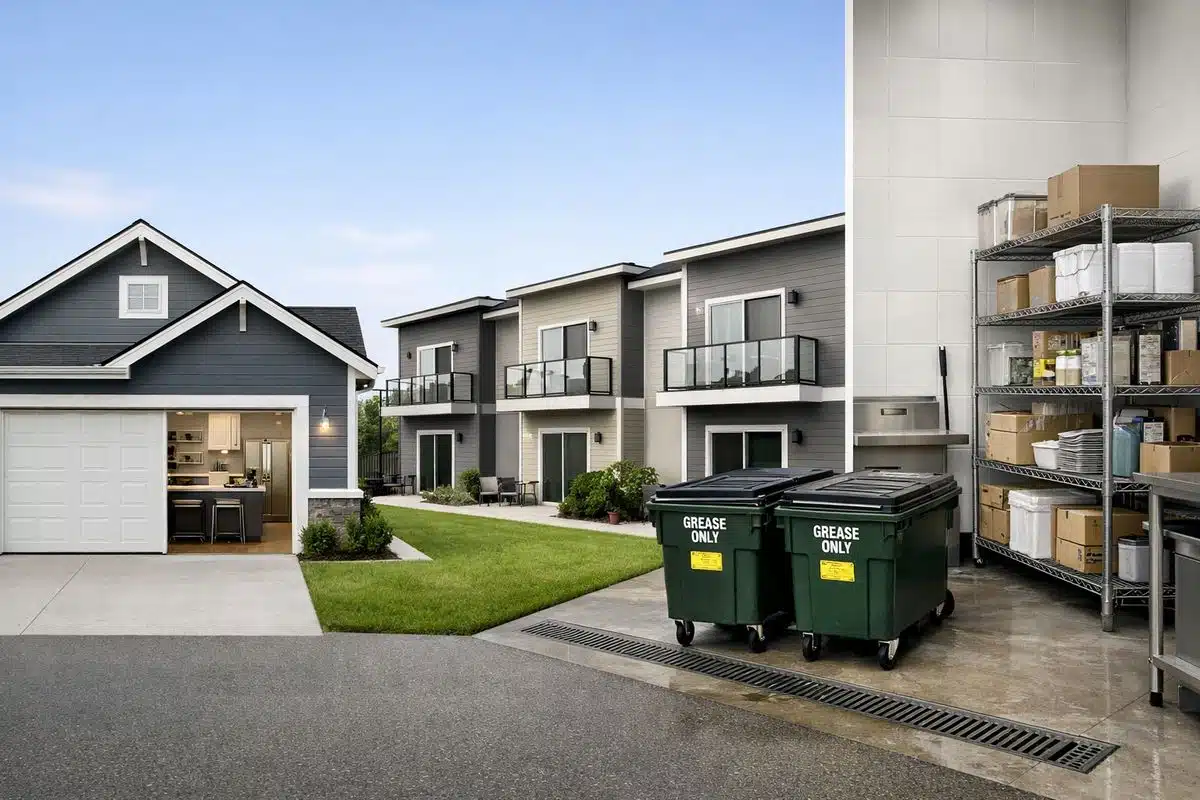 A multi-property scene showing a single-family home with a garage and kitchen on one side, a row of connected apartment units in the middle, and a restaurant back-of-house area with drains, grease bins, and storage shelves on the other side