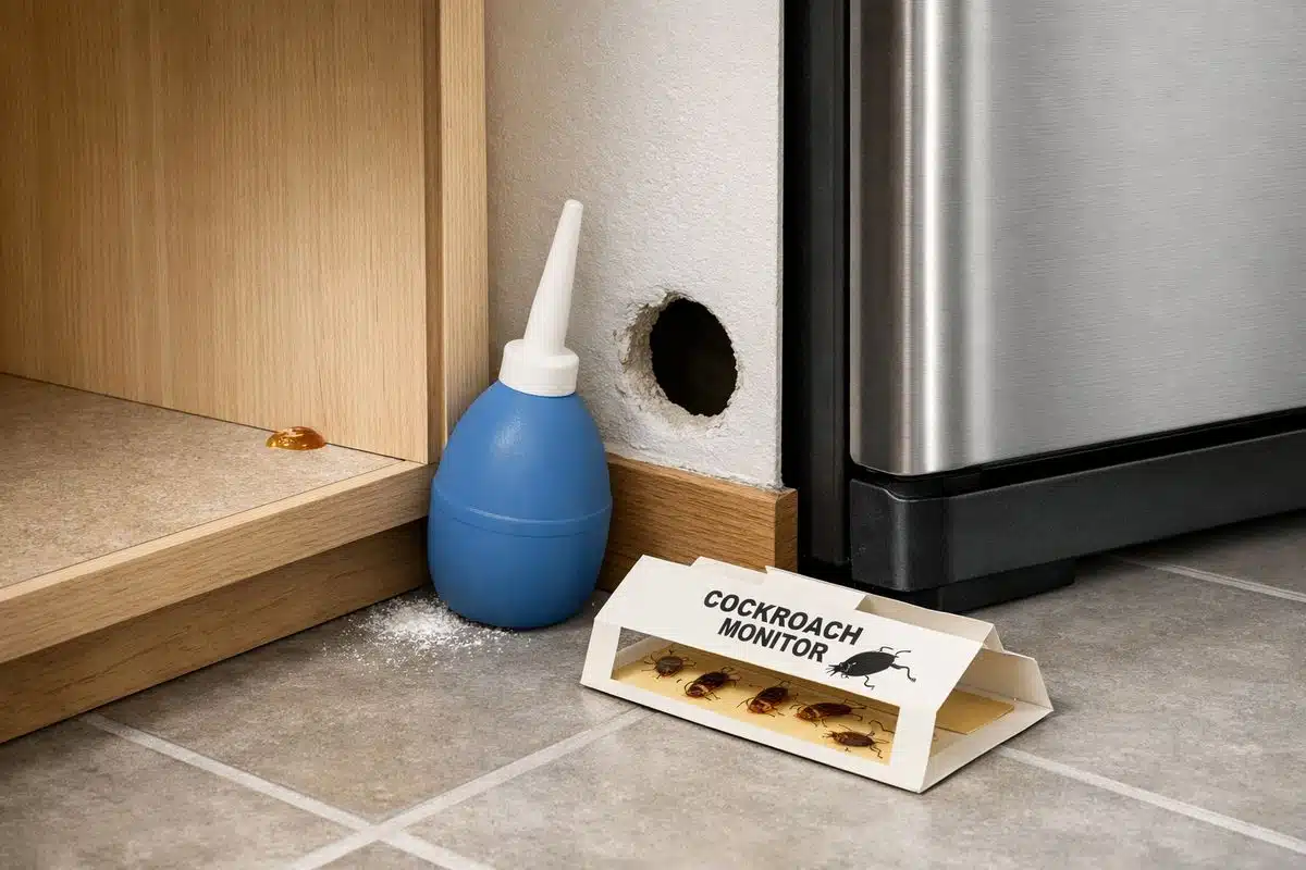 A close-up of German cockroach control materials arranged inside a kitchen cabinet and around appliances: small gel bait placements in crack-and-crevice spots, a dust applicator near a wall void, and a sticky trap placed along the base of the cabinet beside the refrigerator