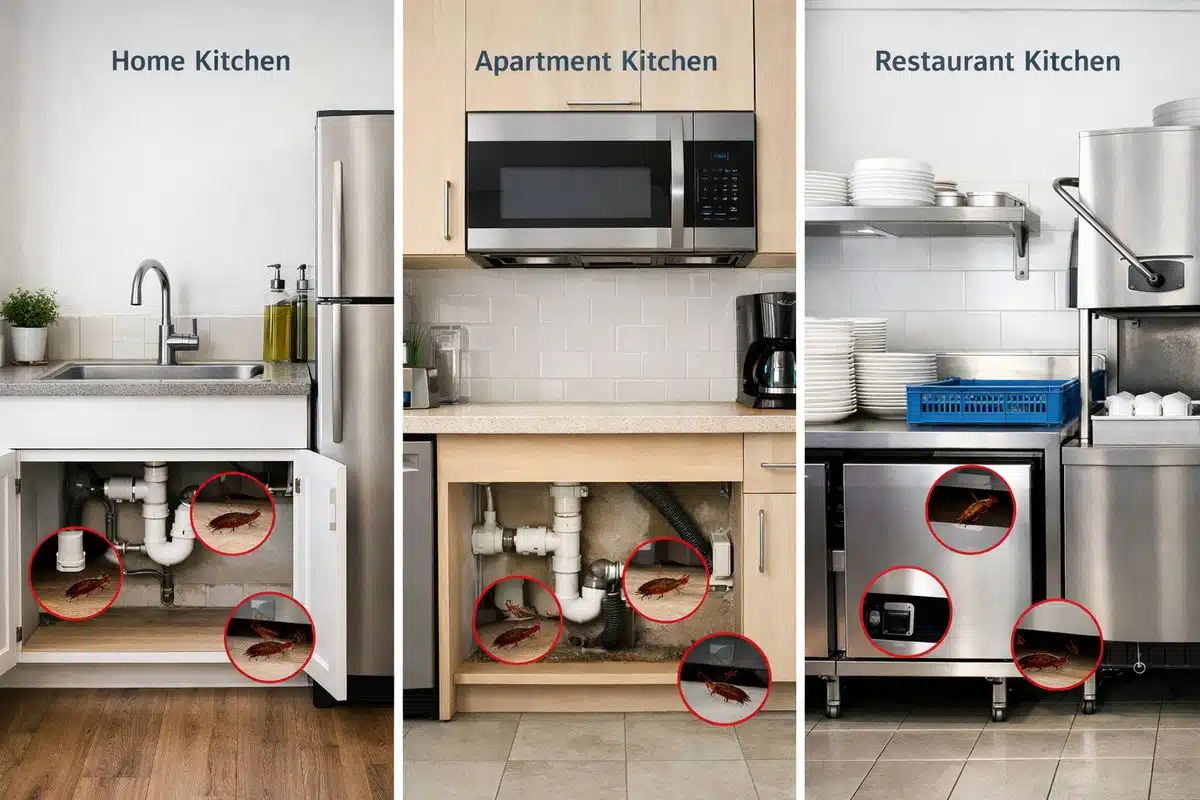 A split-property style visual showing a home kitchen with a sink cabinet and refrigerator, an apartment kitchen with shared plumbing gaps along a wall, and a restaurant prep area with under-counter equipment and a dish station, each environment showing the kinds of hidden harborages German cockroaches use