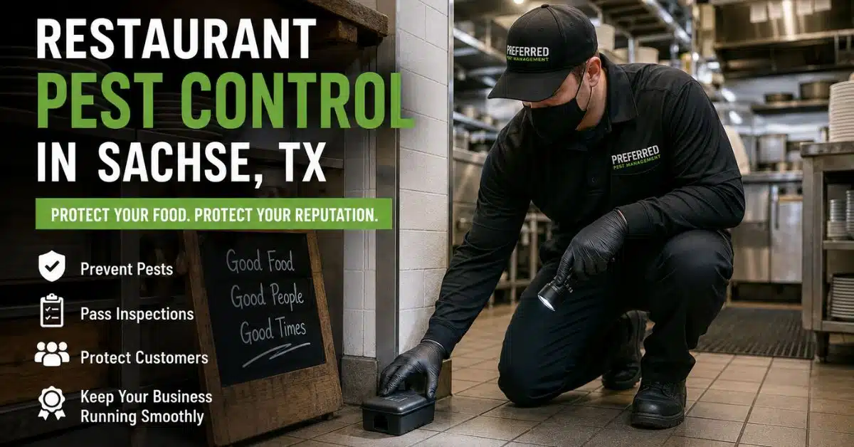 Restaurant pest control technician inspecting a commercial kitchen in Sachse, TX for Preferred Pest Management